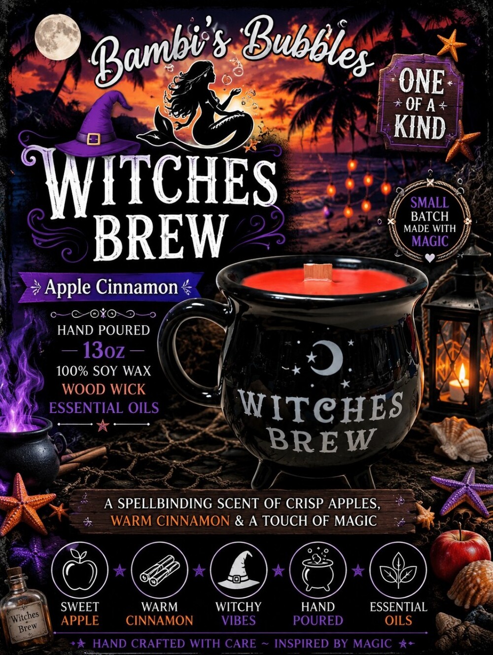 New! Bambi's Bubbles Witches Brew Apple Cinnamon 100% Soy Wax Candle Mug 13oz